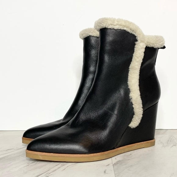 Marc Fisher Brendan Black Leather Fur Cuff Wedge Boot 10M - Picture 1 of 16